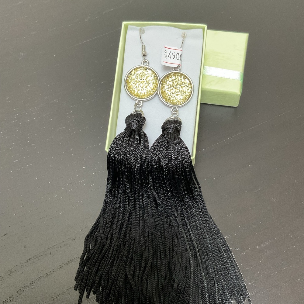 Elegant Black Tassel Earrings with Sparkly Yellow Charms